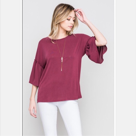Les Amis Tops - Women's Wine Top with Ruffled Sleeves by Les Amis